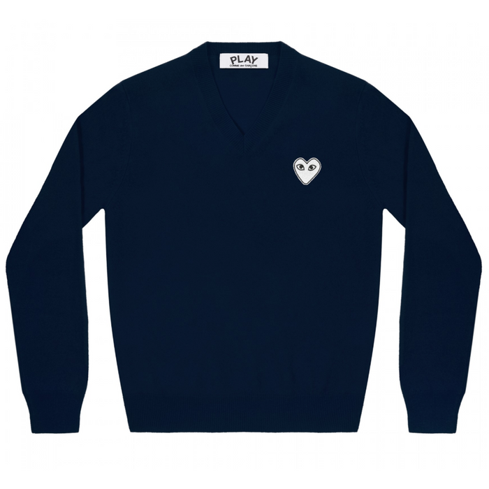 Men's COMME des GARÇONS PLAY White Heart V-Neck Sweater (Wool) - Navy